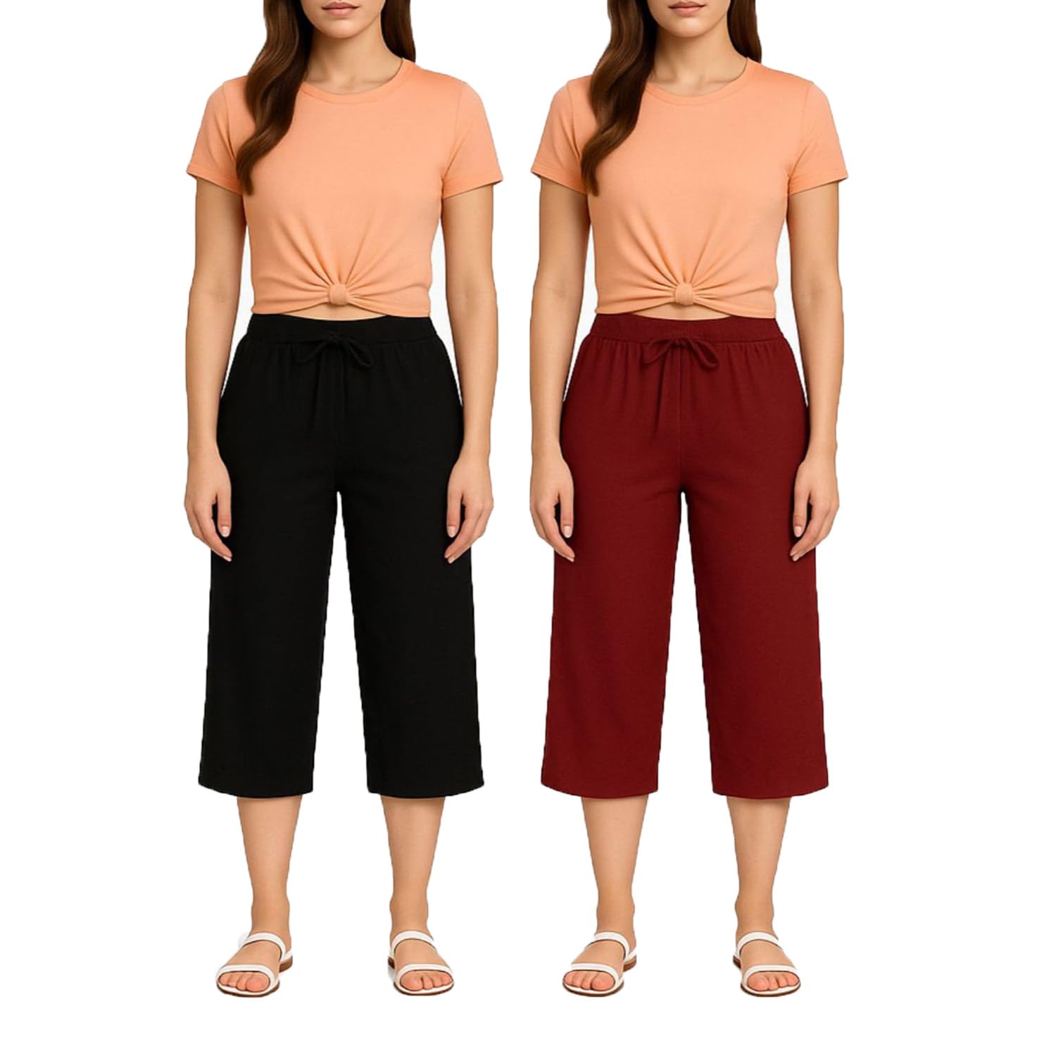 Womens Wide Leg Capris, 3/4th Capri With Loosefit 2Pack-image-41