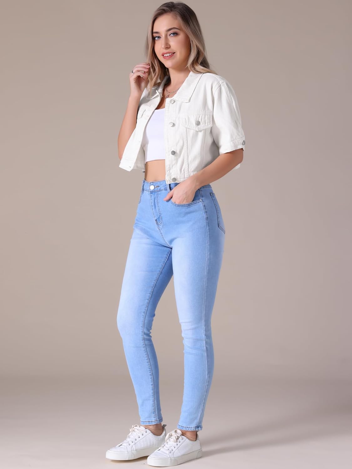 Women's Short Sleeve Denim Jacket Trendy Classic Casual Summer Cropped Jean Jacket - Image 5
