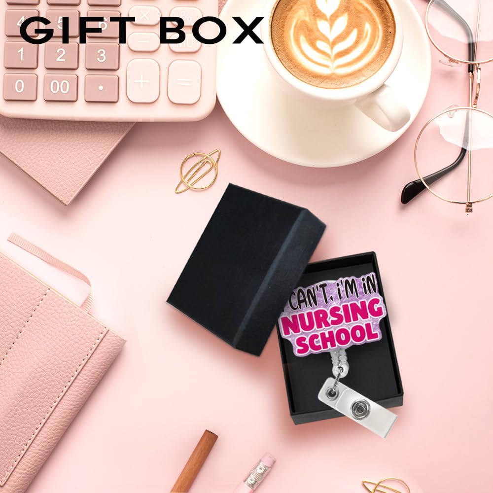 'I Can't, I'm in Nursing School' zabawny brokatowy kołowrotek z klipsem na dowód osobisty, chowany uchwyt na identyfikator, do RN CNA LPN LVN szkoły pielęgniarskiej przyszłej pielęgniarki,