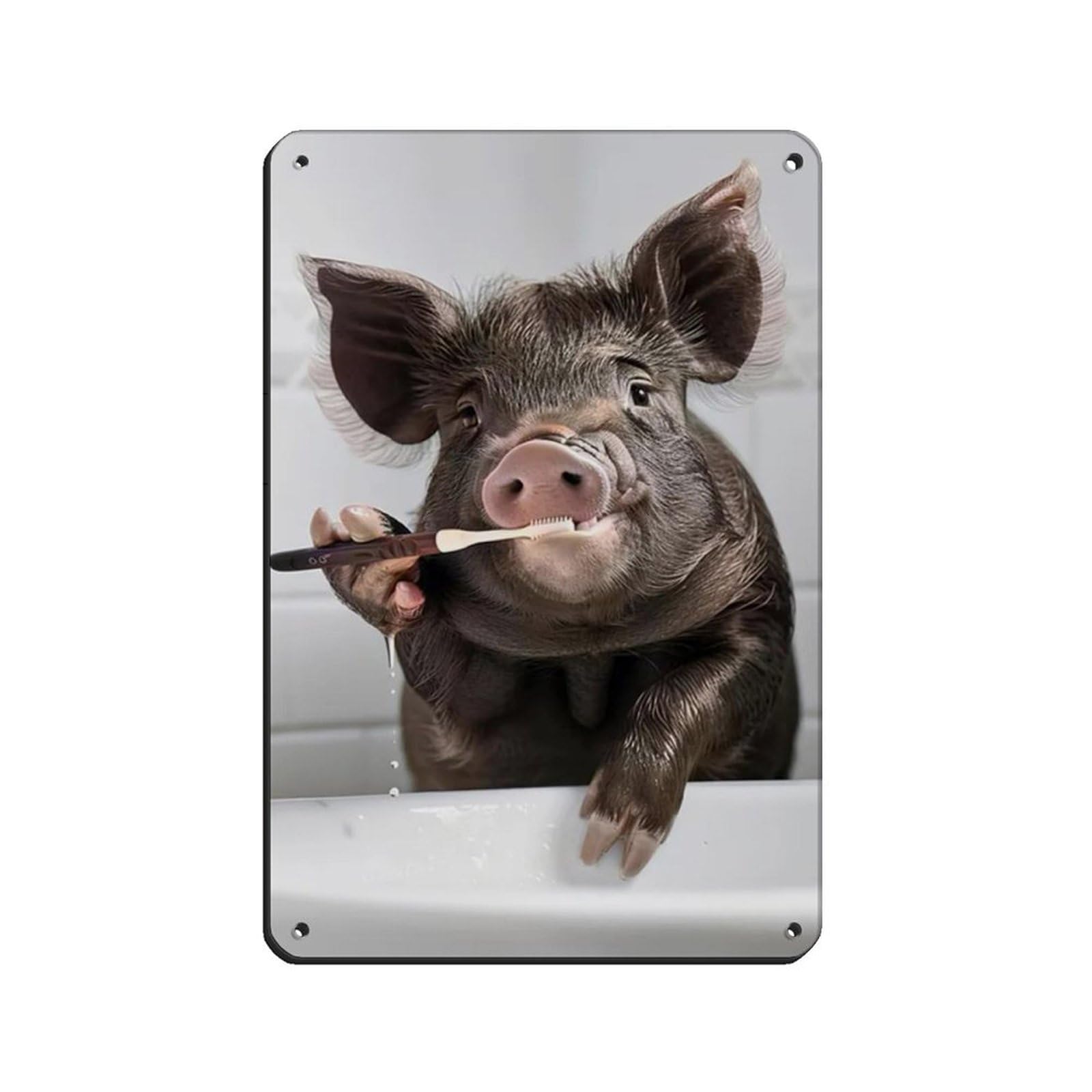 Pig Brushing Teeth, Hilarious Bathroom Art Retro Poster Metal Tin Sign Chic Art Retro Iron Painting Bar People Cave Cafe Family Garage Poster Wall Decoration 8x12inch(20x30cm)