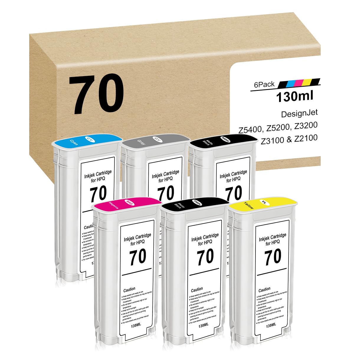 Compatible DesignJet 70 Ink Cartridges 130ml (6 Pack/MB/PB/G/C/M/Y) Replacement for HP 70 Ink Cartridge C9448A C9449A C9450A C9452A C9453A C9454A for DesignJet Z5400 Z5200 Z3200 Z3100 Z2100 Printers