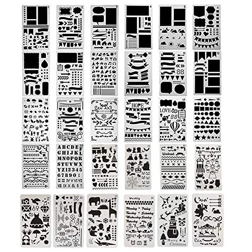 Leo565Tom 30 Pièces Pochoirs à Dessin Pochoir Bullet Journal 1000 différents Modèles de Plastique Planner DIY modèle de dessin pour Journal/Agenda/Portable/Scrapbook 10.2×17.8 cm