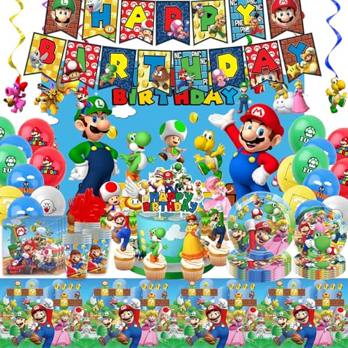 Mario Birthday Party Supplies Ultimate Kit - 14-in-1 Decorations Set with Banner, Backdrop,...