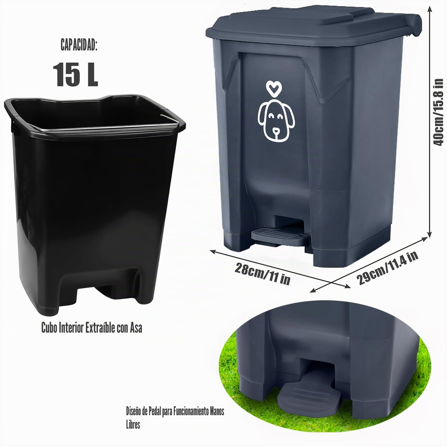 Cubo de basura para excrementos de perro con tapa y 290 bolsas de basura, bonito cubo de basura para perros para caca de perro, patio, hogar, jardín, cocina, escalón gris de 15 litros con cubo