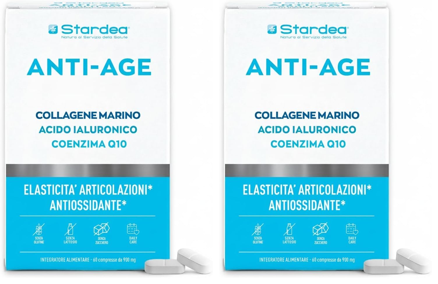 Collagene Marino con Acido Ialuronico | 750 mg Collagene e Acido Ialuronico + Q10 Coezima | 60 compresse Collagene idrolizzato | Articolazioni, Pelle e Capelli | Integratori | STARDEA ANTI-AGE