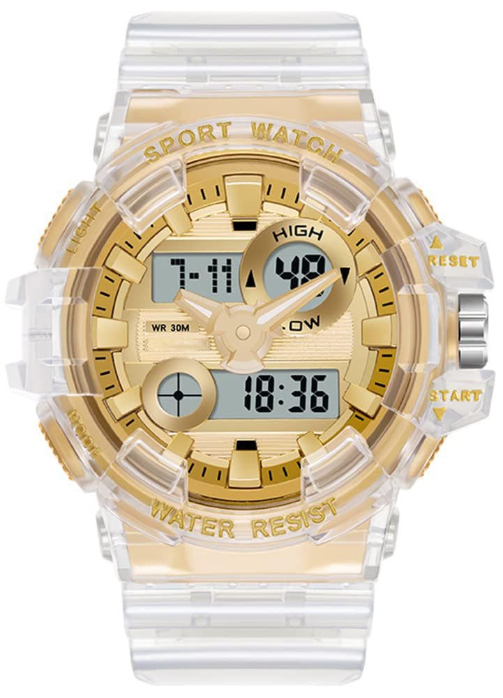 Carlien Mens Analog Digital Display LED Watch Military Multifunctional Waterproof Quartz Sports Watch with Transparent Strap, White Gold, Digital (B08H7DYT5V) Amazon Price History, Amazon Price Tracker