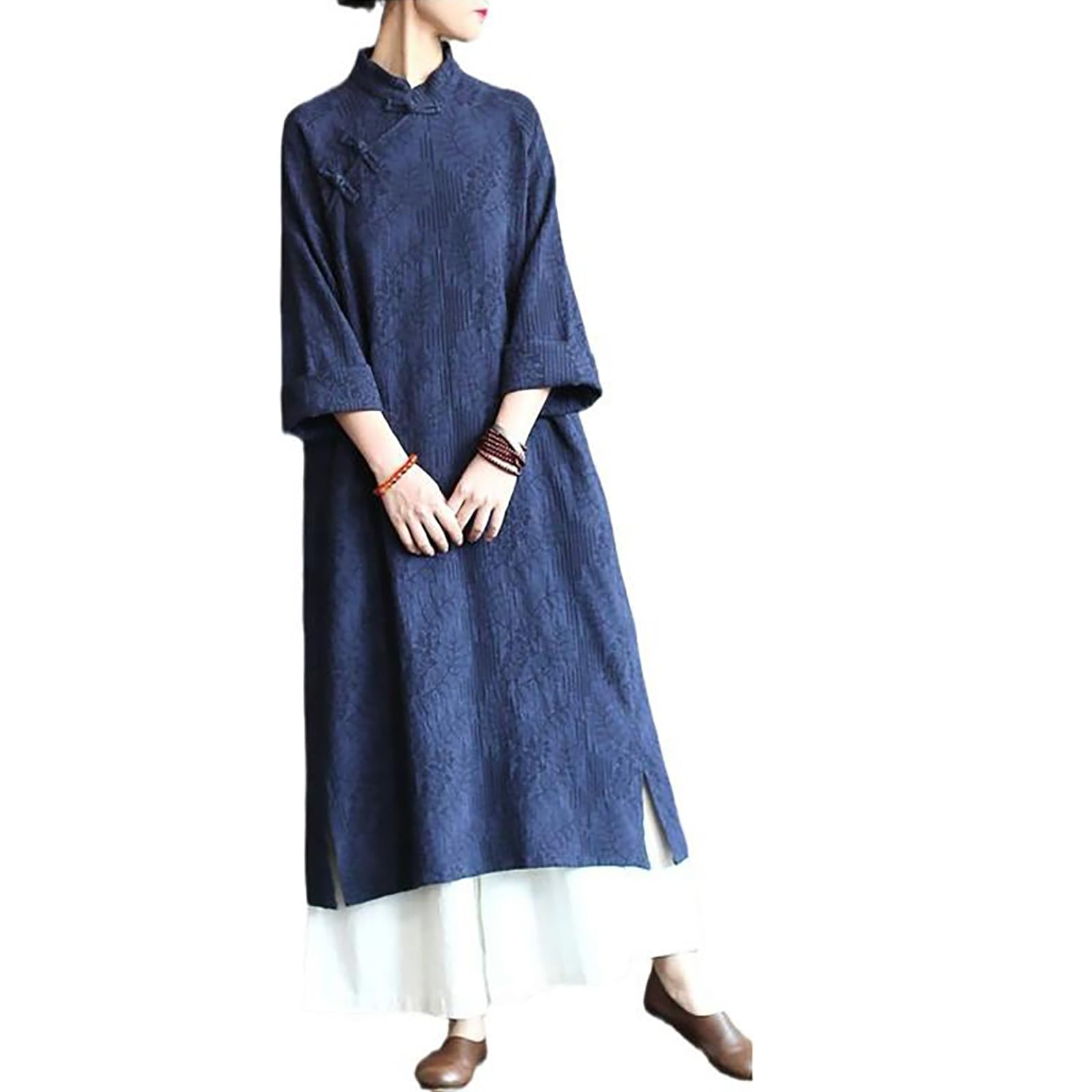 LZJN Spring Women Dresses Chinese Dress Traditional Collar Vintage Cotton Linen Robe Cheongsam Dresses