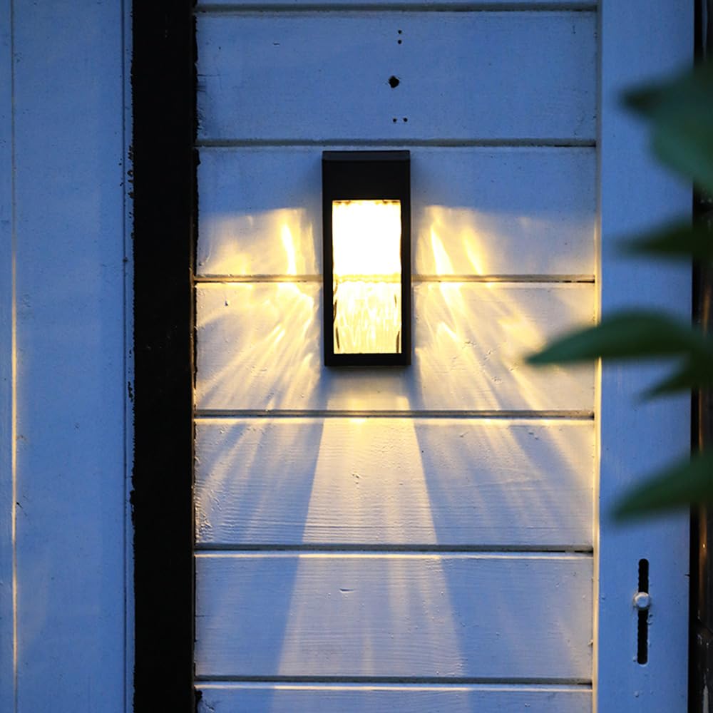LED Solar Dusk Till Dawn Security Lights Zewnętrzny ganek Patio Latarnia ścienna Kinkiet ze szkłem wodnym 3200K Ciepłe bezprzewodowe światło słoneczne Nowoczesna czarna lampa domowa do ogrodzenia