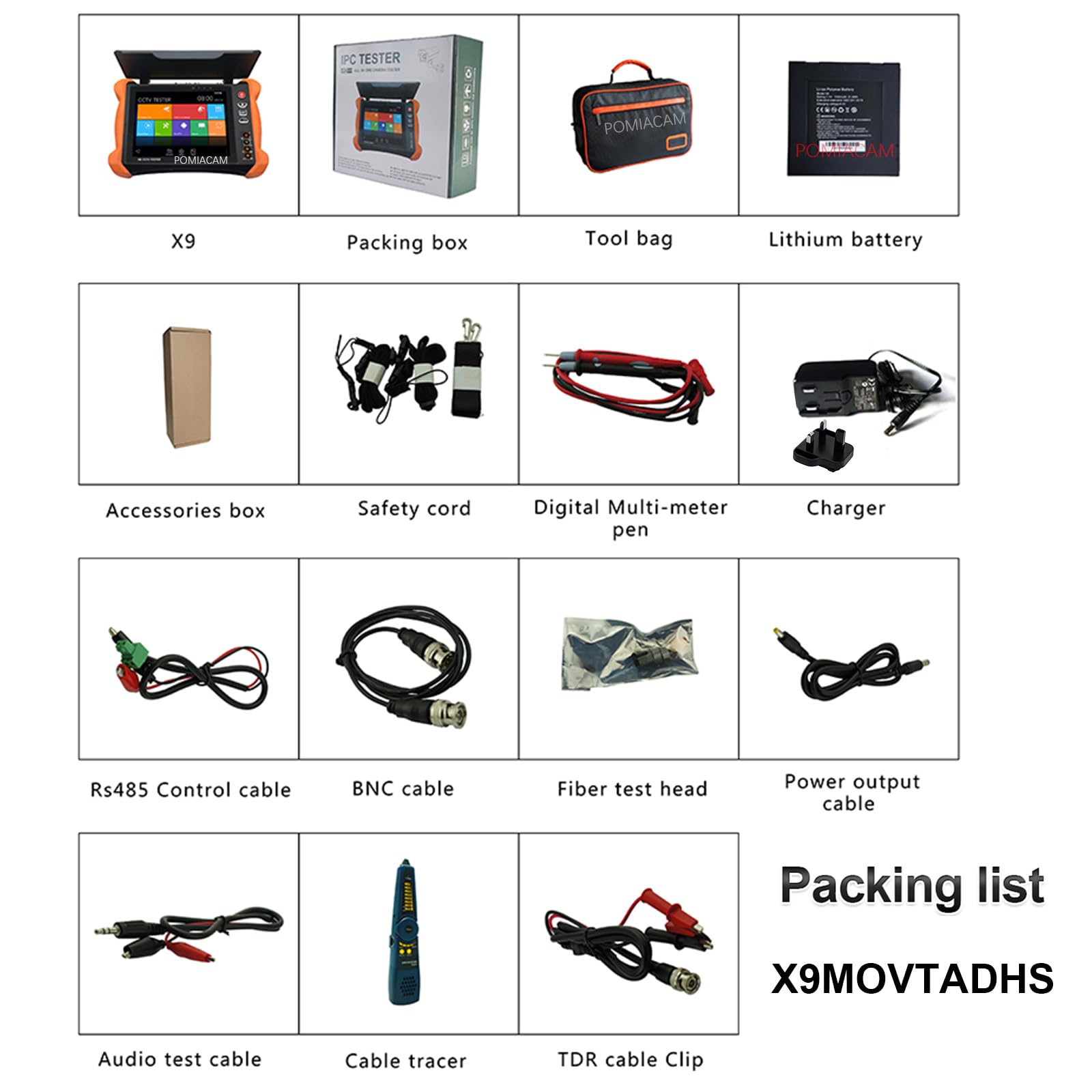 Tester CCTV X9MOVTADHS HD CCTV Tester, monitor da 8 pollici, Blackout HD CCTV Tester, 8MP CVI TVI AHD 8MP EX-SDI HD-SDI 3G-SDI Tester IP, supporto telecamera RJ45 Cavo TDR Test