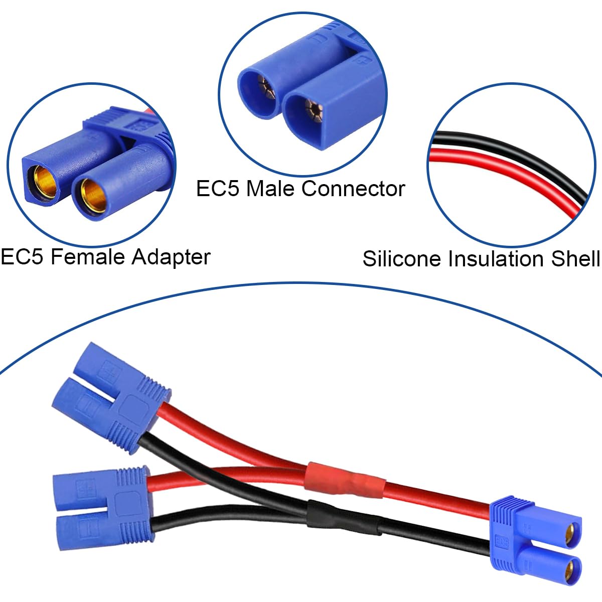 Xiatiaosann Cavo connettore parallelo EC5 da 3 pezzi, cavo per pacco batteria parallelo EC5, adattatore da 1 femmina a 2 maschi, per batteria Lipo RC, aereo FPV, quadricottero