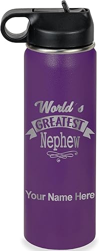 Miniatura 37 de LaserGram Botella de agua con tapa abatible de doble pared de 20 onzas con popote, sobrino más grande del mundo, grabado personalizado incluido