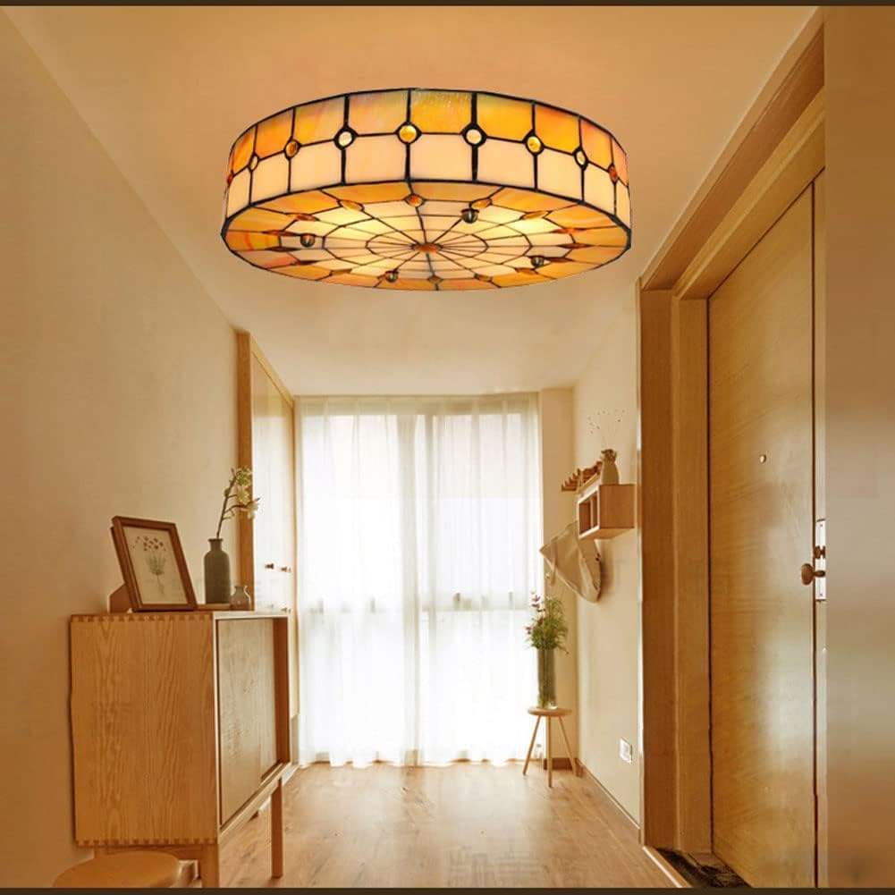 V-intage - Ceiling Light Hand-Made Stained Glass Shade 16'' Round Mount Flush Mount Lighting Fixtures Art Deco Chandelier