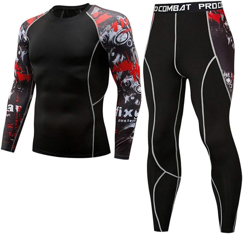 メンズ コンプレッションウェア セット メンズスーツ長袖印刷速乾性の