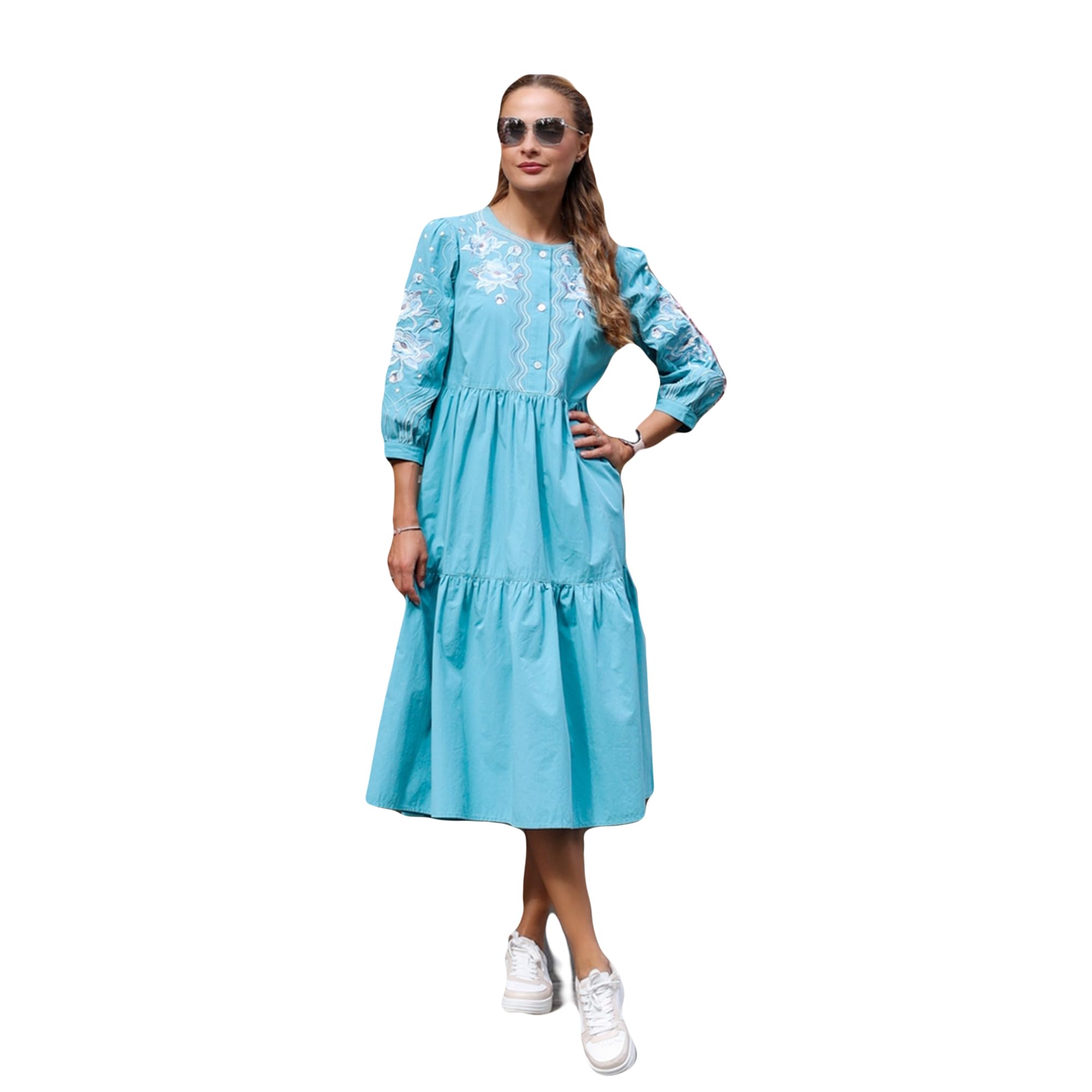 Abito Vyshyvanka turchese da donna con ricamo floreale | Abito lungo in cotone ricamato con maniche a 3/4 | Moda ucraina moderna
