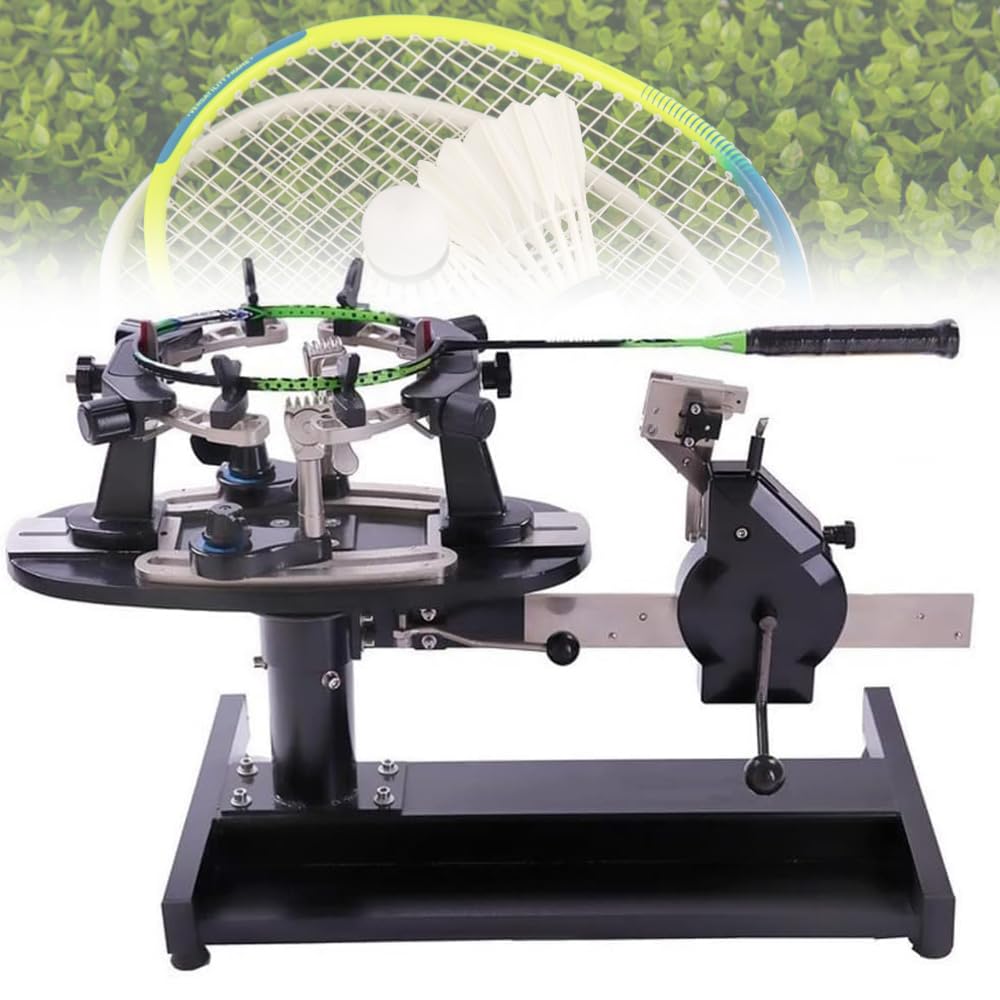 Incordatrice per racchette con 6 punti di fissaggio, piattaforma girevole a 360°, doppia scala kg/lb, forza di trazione da 9 a 100 libbre per un funzionamento facile e una corda efficiente