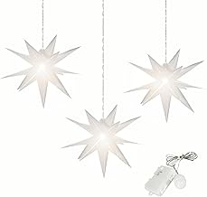 Luminous Star 3D with LED Lighting, Set of 3, White, Diameter 27 cm, 3D Star with 15 Tips, Weatherproof, Garden Decoration, Living Room, Christmas Decoration, Christmas Star, with Timer, Battery