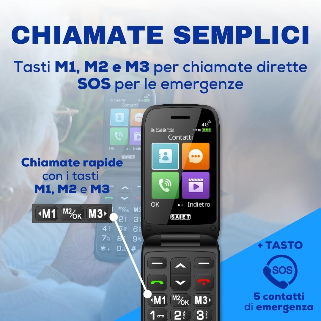 SAIET SHELL 4G Cellulare per Anziani Flip con Tasti Grandi, Audio Alto, SOS | Telefono Flip Senior Facile da Usare con Display 2.8" e Caratteri Grandi, Base di Ricarica, Torcia e Fotocamera - Blu