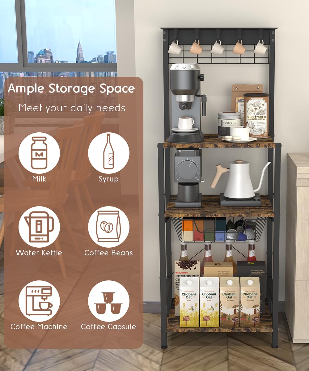 Kaffee-Bar-Station mit 4 Etagen, Eck-Bäckerregal mit 5 Haken und Drahtkorb, Kaffeebereiterständer für kleinen Raum, Küchenständer für Eingangsbereich, Wohnzimmer, Café, Schwarz, 41,9 x 33 x
