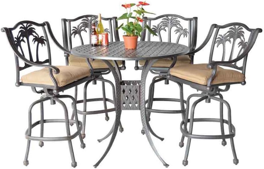 Palm Tree Cast Aluminum Powder Coated 5pc Bar Set with 48" Round Table - Antique Bronze