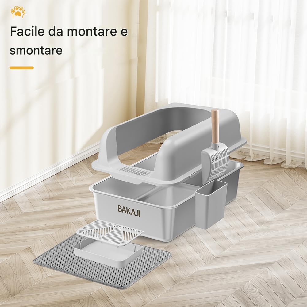 BAKAJI XXL Katzentoilette mit Stahlfuß mit Rand und sandabweisender Trittfläche, Auffangschaufel mit Behälter und Schmutzmatte, Rutschfester Boden, Fassungsvermögen 35 Liter, 60 x 40 x 30 cm