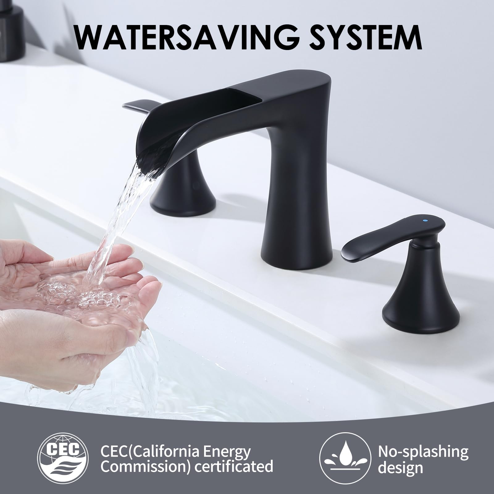 Two Handle 8inch Waterfall Bathroom Faucet Black Waterfall Faucet Widespread Bathroom Faucet Matte Black — view 3