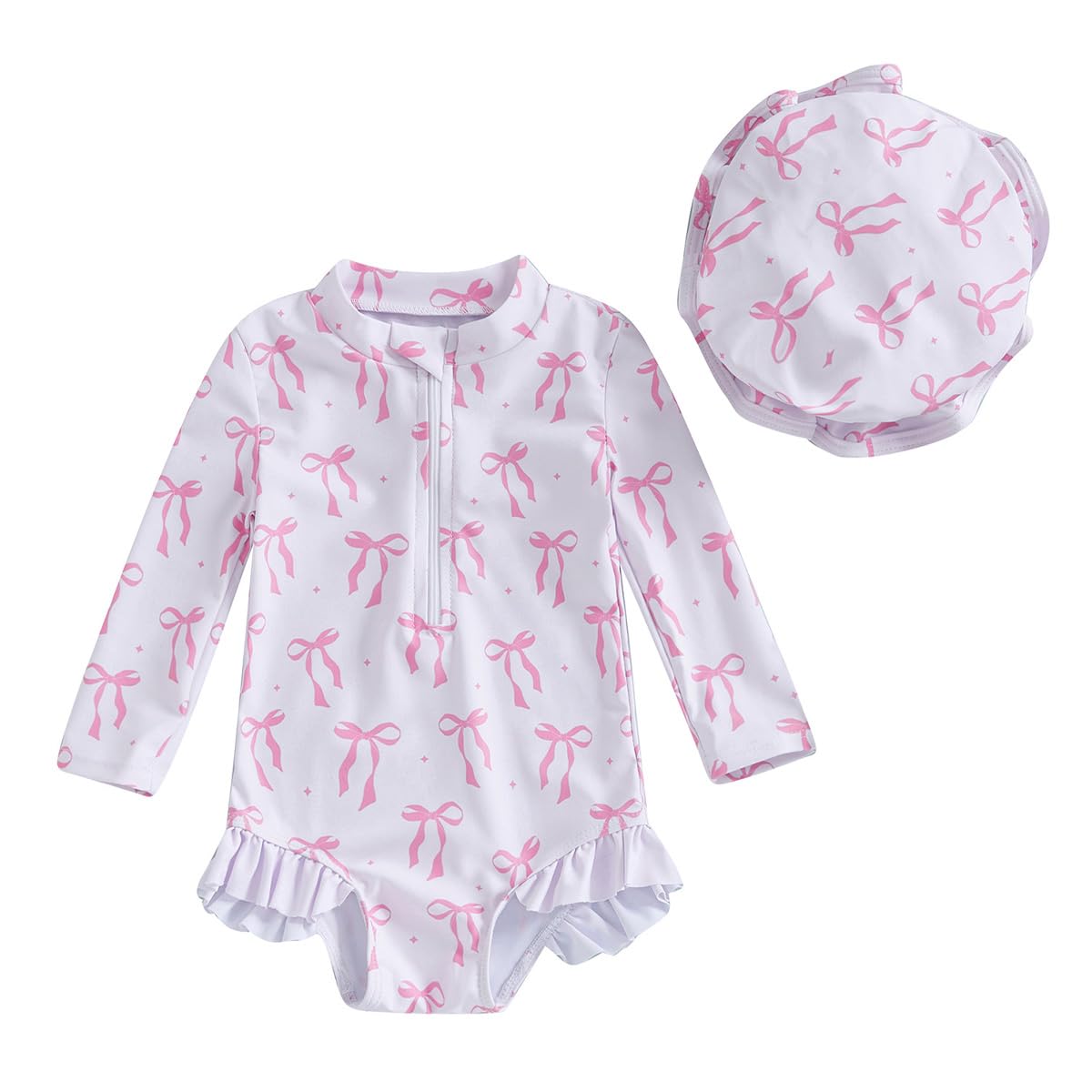 JENJON Traje de Baño a Rayas para Bebé Niña con Volantes Mangas Lindo Floral Traje de Baño de Una Pieza con Cremallera Protección UV y Gorro de Playa Verano - 2