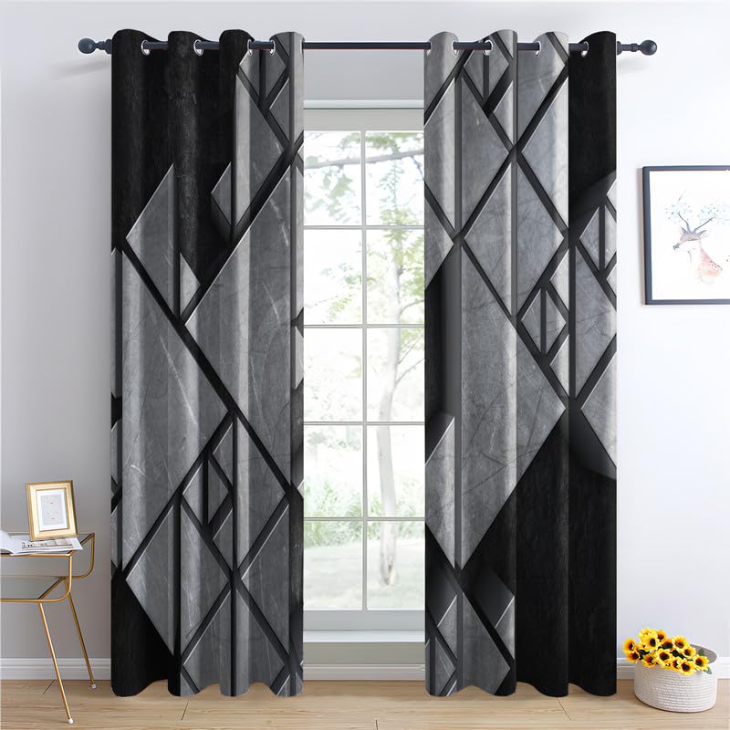 Rideau Occultant Géométrie Tridimensionnelle Gris Noir, Rideaux Thermiques à Oeillets pour Salon Chambre Fenetre, Motif Adulte Rideaux ​Lot De 2 Moderne Décoration De Fenêtre, 140x240 cm (L x H)