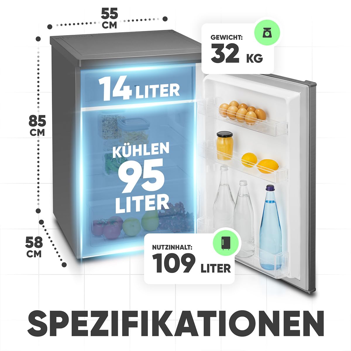 Bomann® Kühlschrank mit Gefrierfach | 109 Liter | energieeffizient, leise & kompakt | 2 Ablagen, Obst- & Gemüsefach | 4-Sterne-Gefrierfach | Türanschlag wechselbar | KS 7251 inox