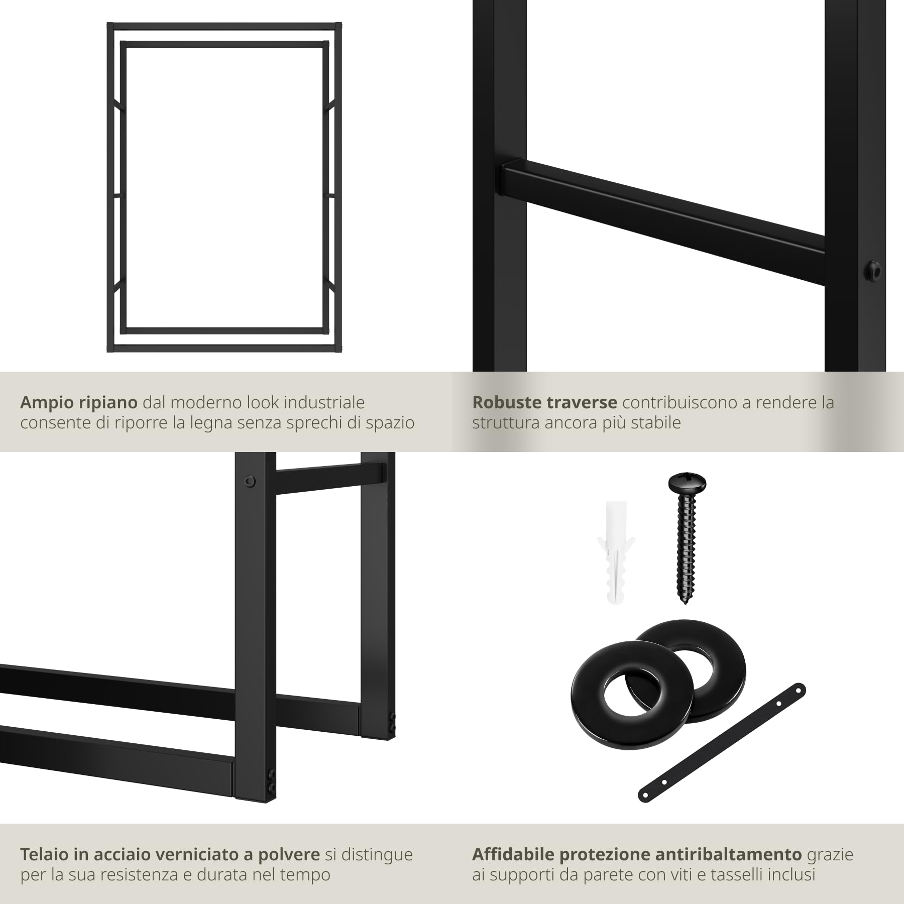 Tectake Scaffalatura Porta Legna Acciaio Verniciato Polvere 100,5x25x150 cm Nero