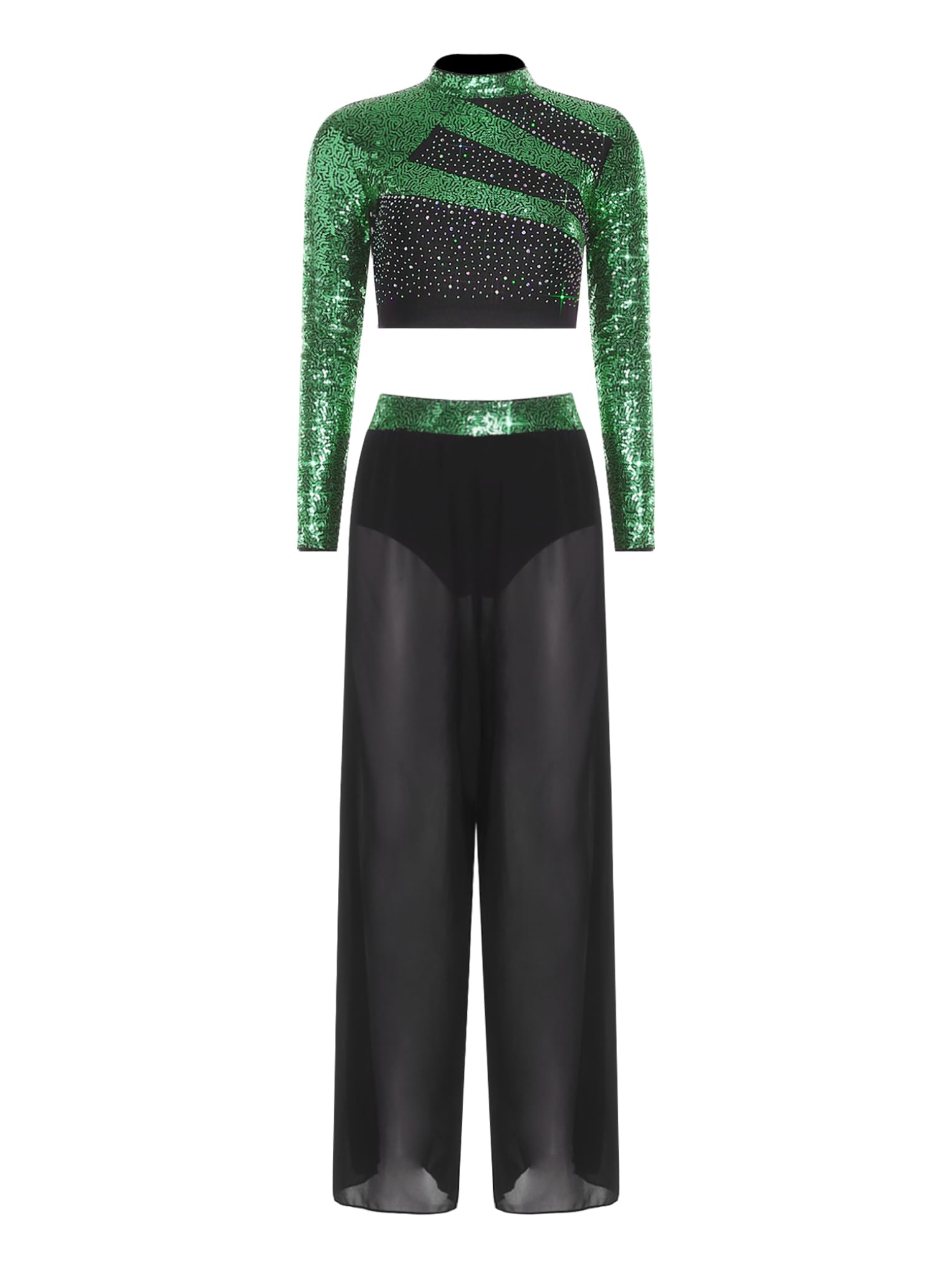 Mujer Traje Baile Lírico con Lentejuelas Brillantes Crop Top de Manga Larga y Pantalones Traje de Gimnasia Rítmica Disfraz de Bailarina de Ballet S-XXL