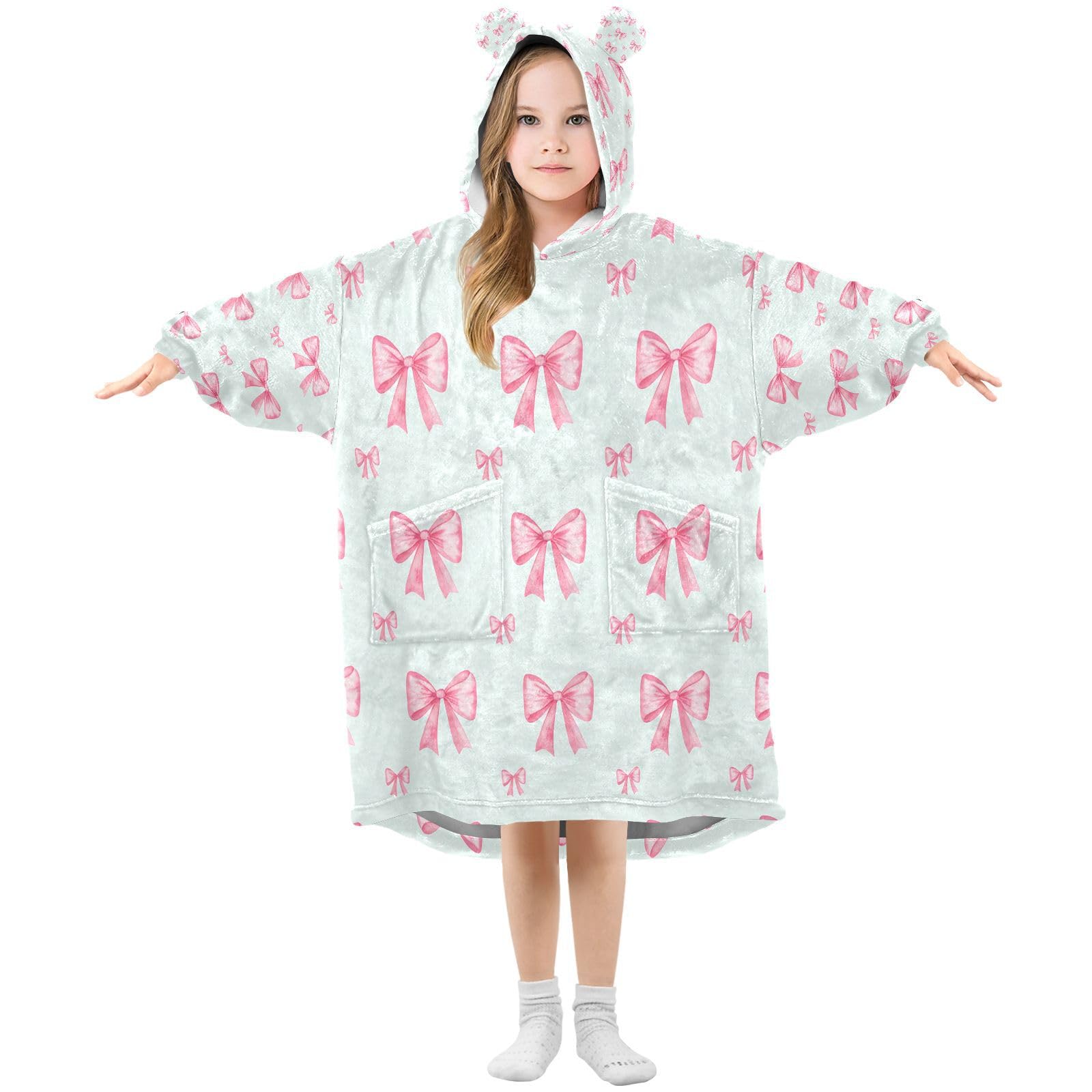 Cgiub Bows Wearable Blanket Hoodie for Kids Warm Cozy Oversized Hooded Sweatshirt Blanket with Pocket