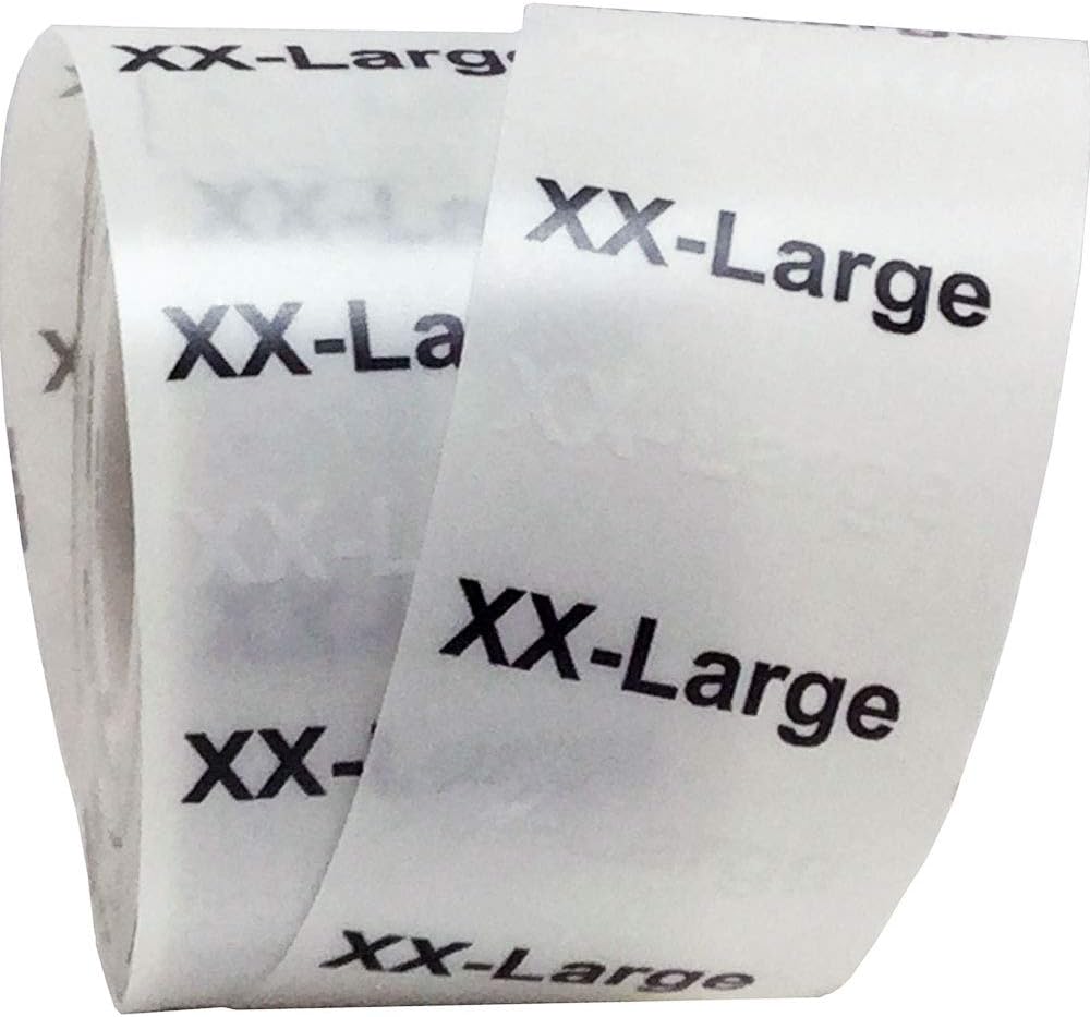 XX-Large Modern Clothing Labels – Clear Size Strips with Black and White Text, 1.25 x 5 Inch Adhesive Labels, 125 Total Stickers for Retail Apparel, Organization, and Inventory – Made in the USA