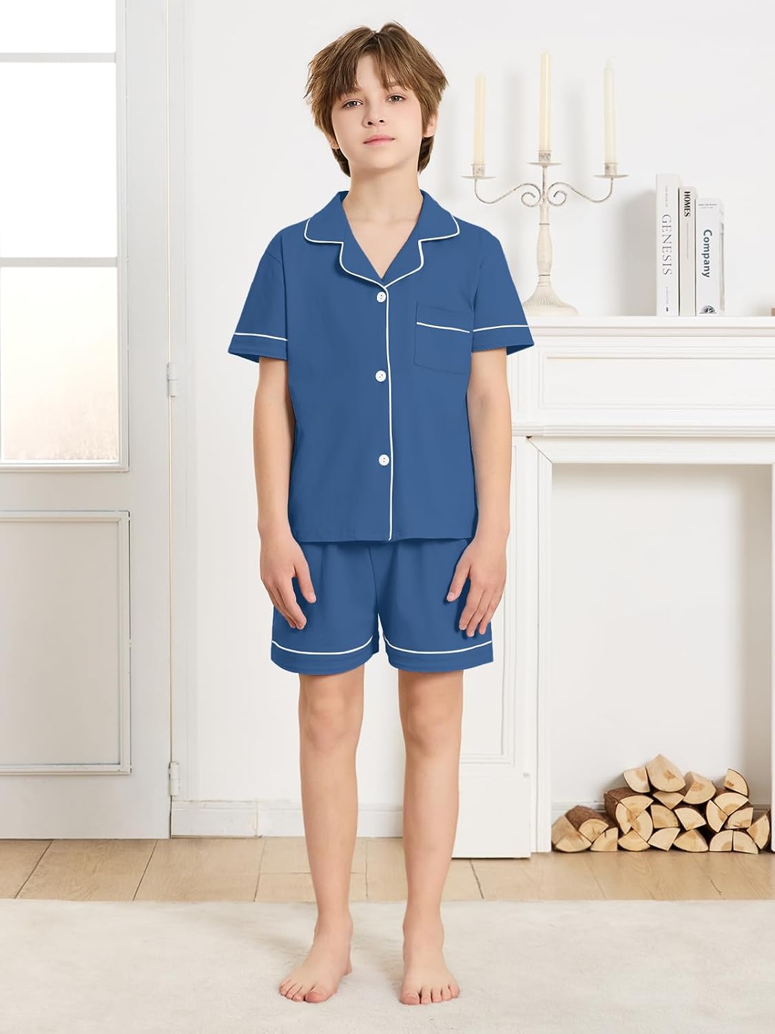 Schbbbta Boys Pajamas Set 2Pcs Cotton Sleepwear Button Down Short Sleeve Pajamas for Kids 5-14 Years