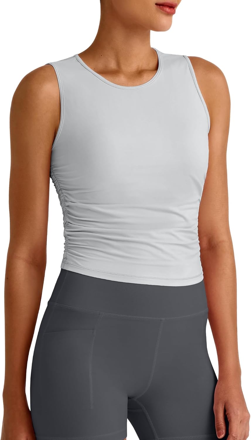 G4Free Lightbreeze Workout Tank Tops for Women Yoga Crop Top Side Ruched Sleeveless High Neck Athletic Gym Shirts Summer