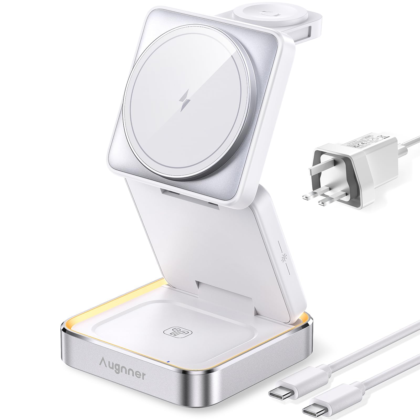 Stacja ładująca, składana ładowarka indukcyjna 3 w 1, bezprzewodowa ładowarka kompatybilna z Magsafe i lampka nocna do iPhone'a 16/15/14/13/12, AirPods 2/3/Pro, Apple Watch