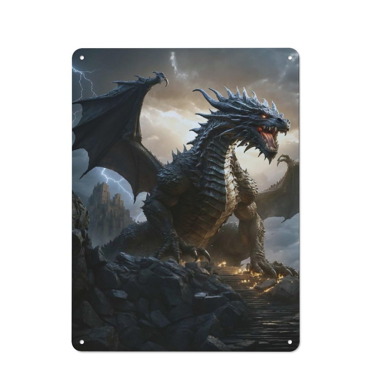 Junmoney Style-17 Retro Metal Plaque 40X30cm Featuring Majestic Dragon On Stone Steps For Workshop Wall, For Metal Sign Collectors, For Garage And Workshop Walls