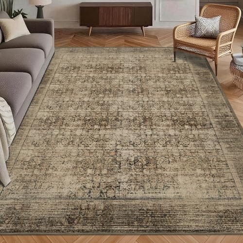 Washable Area Rug 3' x 5 ' Vintage Traditional Persian Mat - Foldable Distressed Non-Slip Machine Washable Carpet for Living Room Bedroom Kitchen Home Decor - Mocha and Taupe - image 1