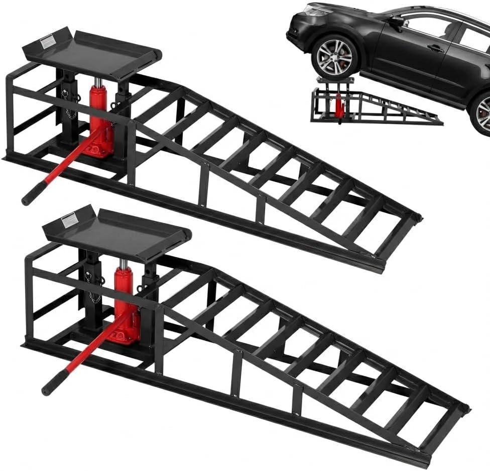 2 Pcs Hydraulic Car Ramps, 5 Ton (11,065 LBS) Heavy Duty Steel Car Lift Ramps with Hydraulic Jack for Oil Changes & Truck Repair, 9.4"-13.34" High Lift, Home Garage Vehicle Ramps