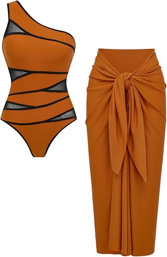 FLAXMAKER Womens One Shoulder Bathing Suits Shimmering Flash Fabric Swimsuit and Sarong Set