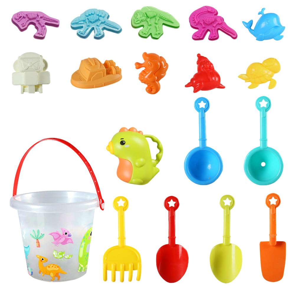 PLLYPE Juguetes de Playa para Niños, 18 Piezas Juguetes Arena Juegos de Playa, Cubo Pala y Rastrillo Playa Niños, Juegos Playa con Cubo de Arena y moldes de Arena para Camiones (Dinosaurio)