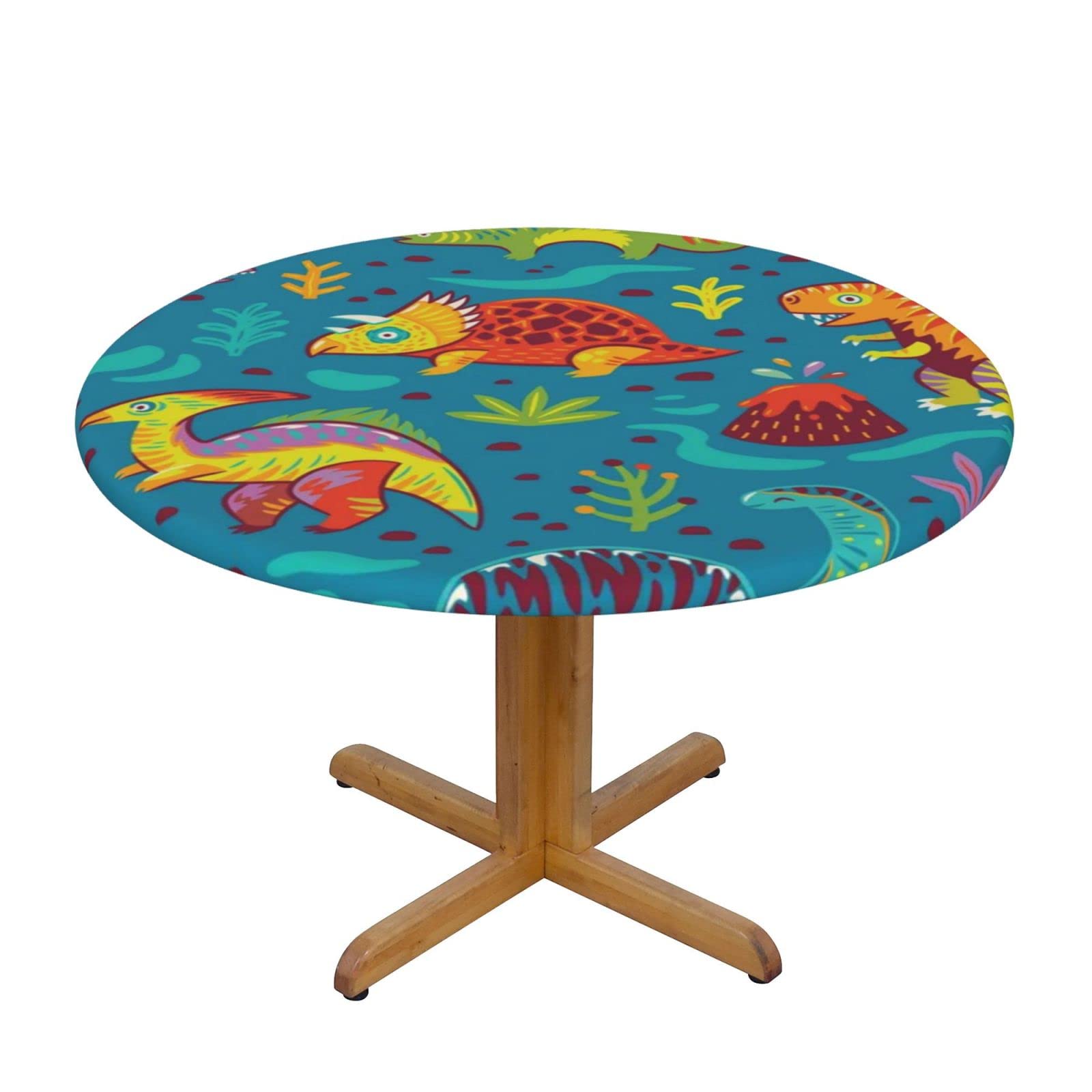 Lsjuee Round Fitted Tablecloth 40-44in Elastic Edged Table Cloth for Kitchen Dining Party Home Decor - Cute Cartoon Dinosaurs Funny Blue