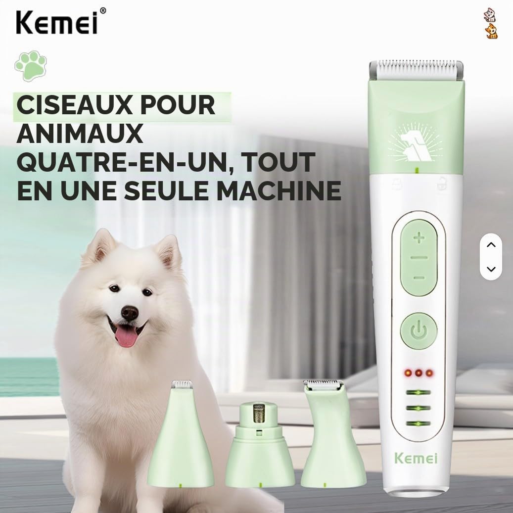 Kemei KM-CW2105 Kit de Toilettage 4 en 1 sans Fil, Lames en Céramique, Charge Rapide, Faible Bruit, pour Chiens et Chats