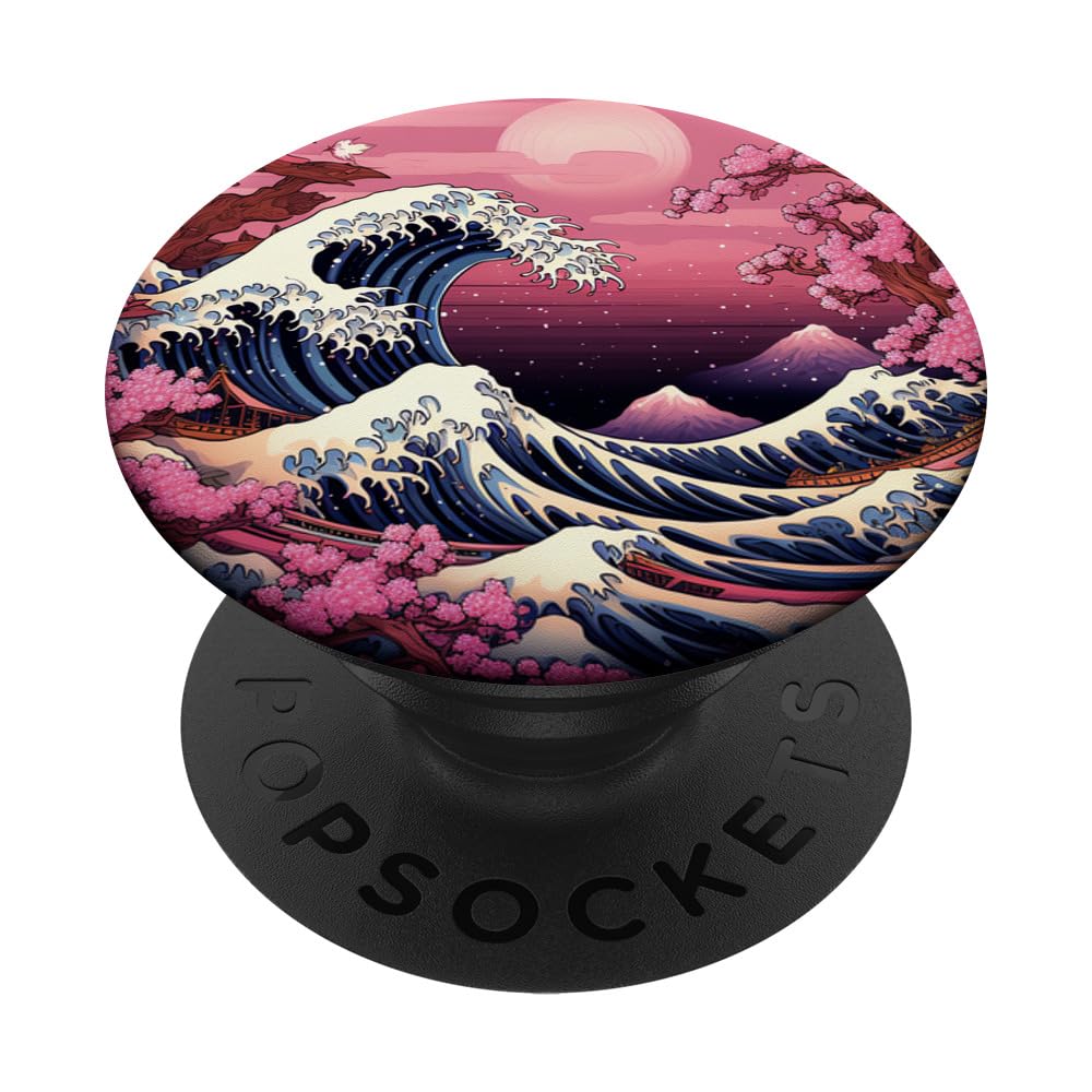 Japanese Flowers Serenity Waves Whispering Petal Secrets PopSockets Swappable PopGrip, Black