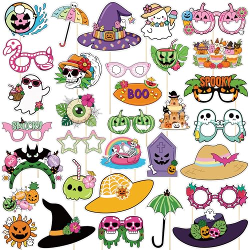 Thenshop 32 Pcs Summer Halloween Photo Booth Props Cute Pastel Selfie Accessories Halloween Photobooth Decorations Cartoon Spooky Decor for Summer Birthday Party Decoration Trick or Treat Photo Props