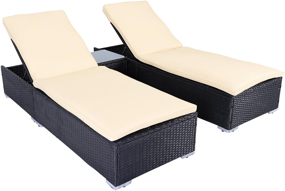 Wicker Chaise Lounge Outdoor 2 Patio Black Rattan Reclining Chair Furniture Set Beach Pool Adjustable Backrest Recliners with Cushions and 1 Coffee Table with Tempered Glass Top
