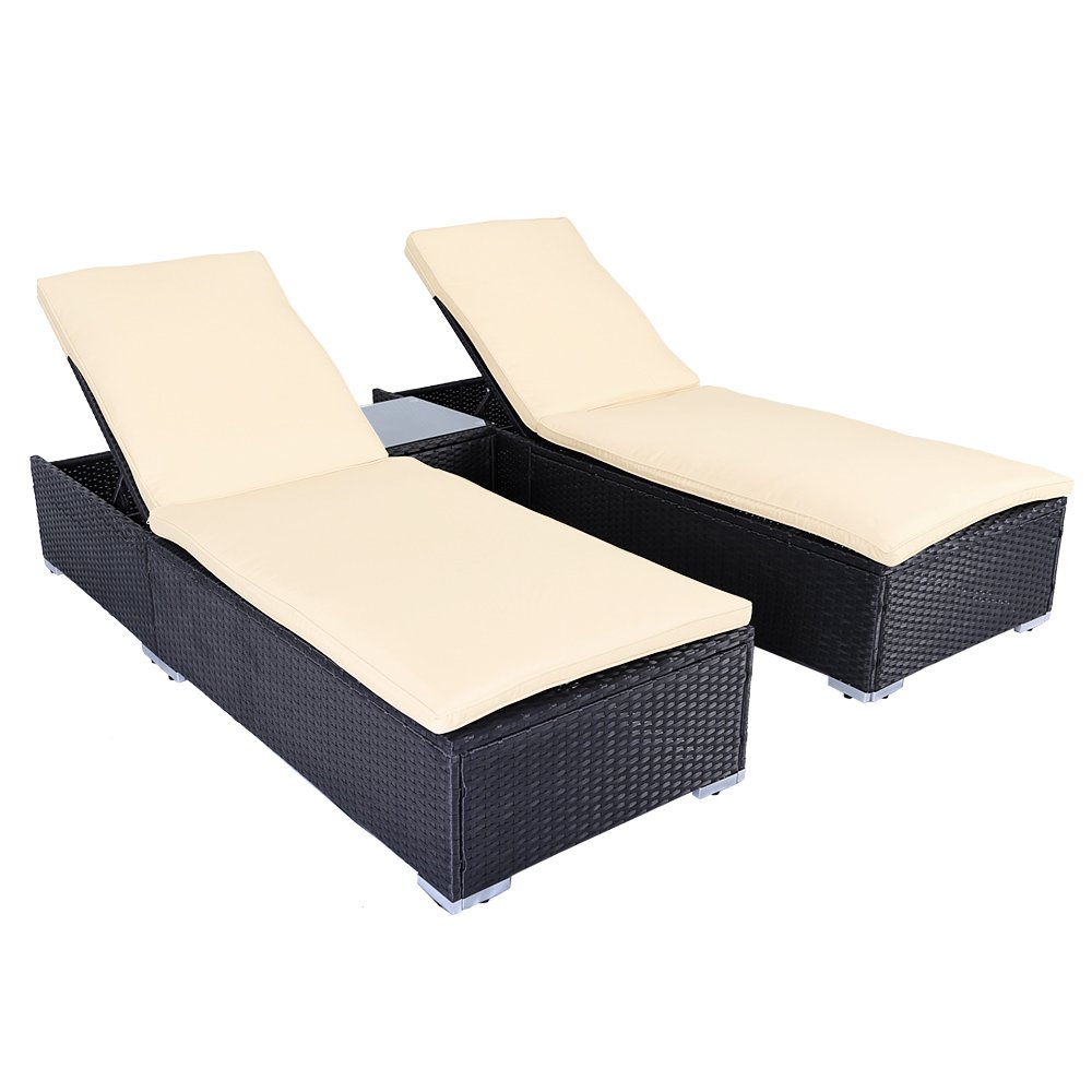 Wicker Chaise Lounge Outdoor 2 Patio Black Rattan Reclining Chair Furniture Set Beach Pool Adjustable Backrest Recliners with Cushions and 1 Coffee Table with Tempered Glass Top