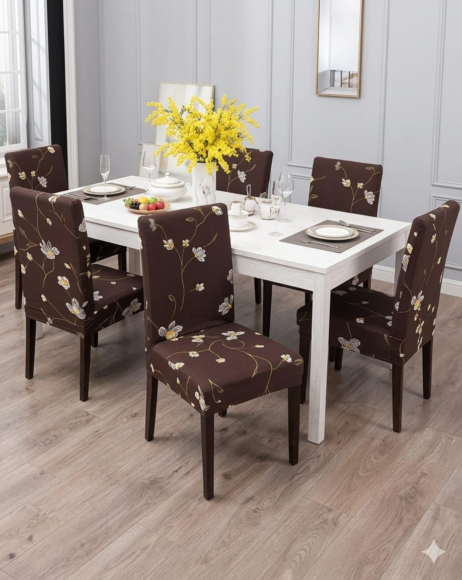 Elastic Stretchable Dining Chair Cover Set of 6 | Printed Universal Chair Covers | Slipcovers for Dining Room Chairs | Stretch Fit Chair Seat Cover for Home, Kitchen & Dining Area (Pattern 2)-image-19