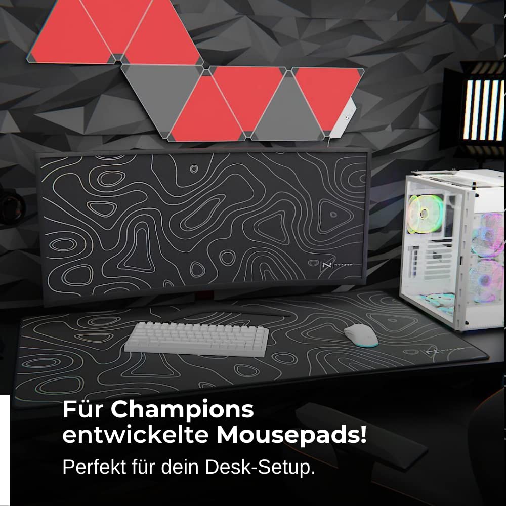 Nyfter - Tappetino per mouse 3XL per gaming, colore nero, con design topografico, 1200 x 600 mm, di alta qualità, grandi bordi cuciti, durevole, con Glide di alta qualità e antiscivolo, per gaming