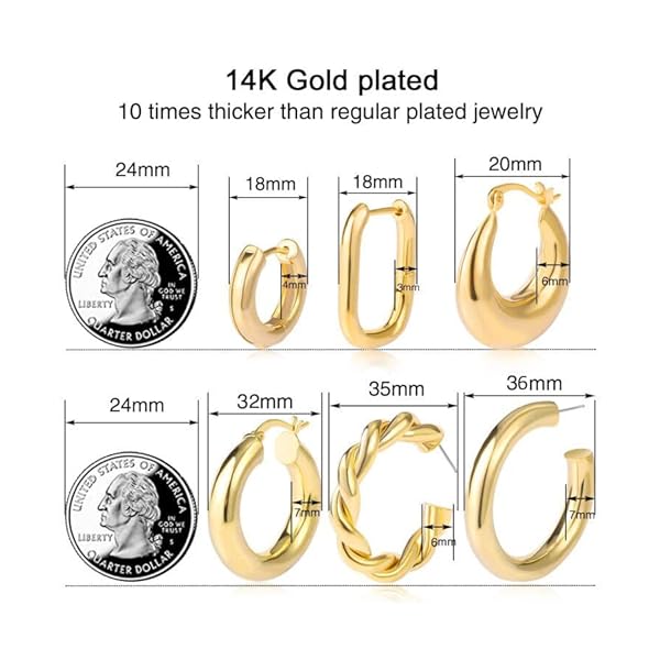 6 Pairs Chunky Gold Hoop Earrings Set for Women 14K Gold Plated Hypoallergenic Thick Open Huggie Hoop Set Jewelry for Christmas Gifts - Image 3
