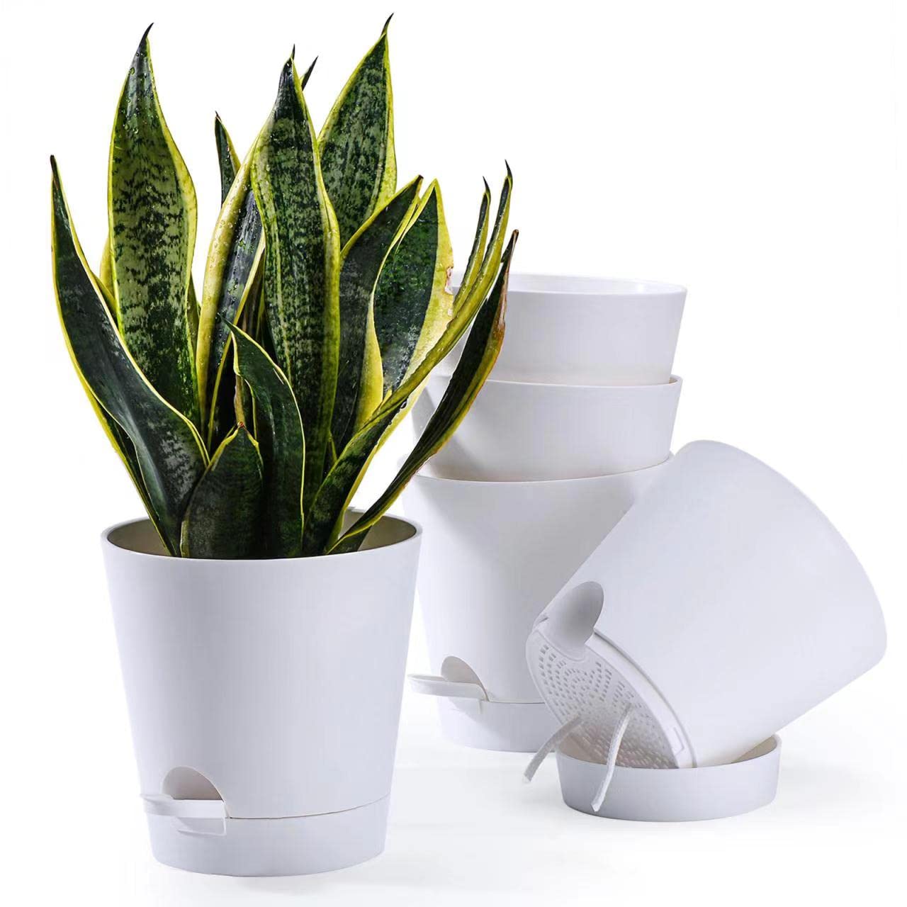 Plant Pots 5 PCS 7 inch Self Watering Planters High Drainage Flowers Pot for Indoor Outdoor Plants with Reservoir Tray and Watering Lip Gardening Planter Garden Flower Pots, White